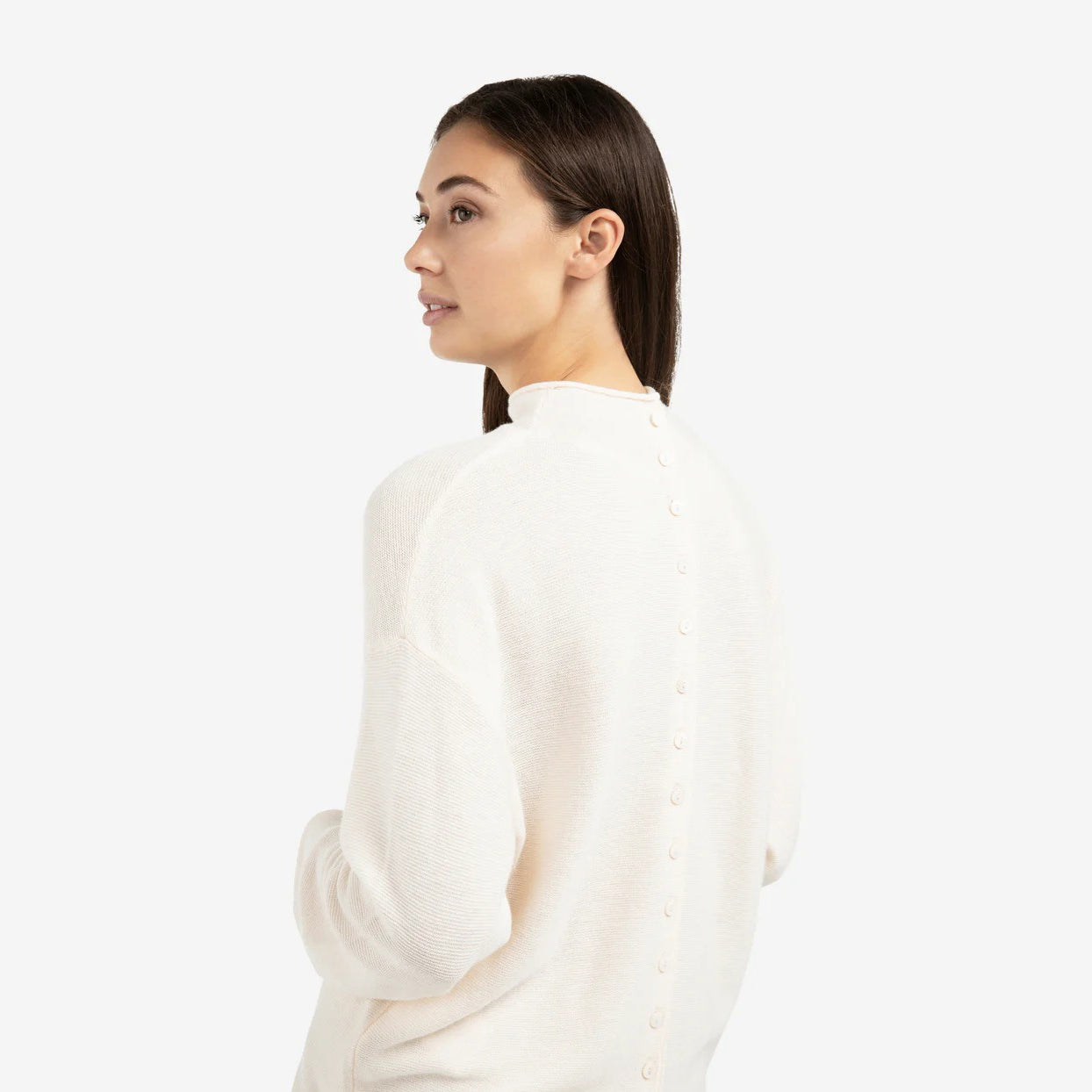 Textured High Neck Sweater With Buttons - Snowfall White