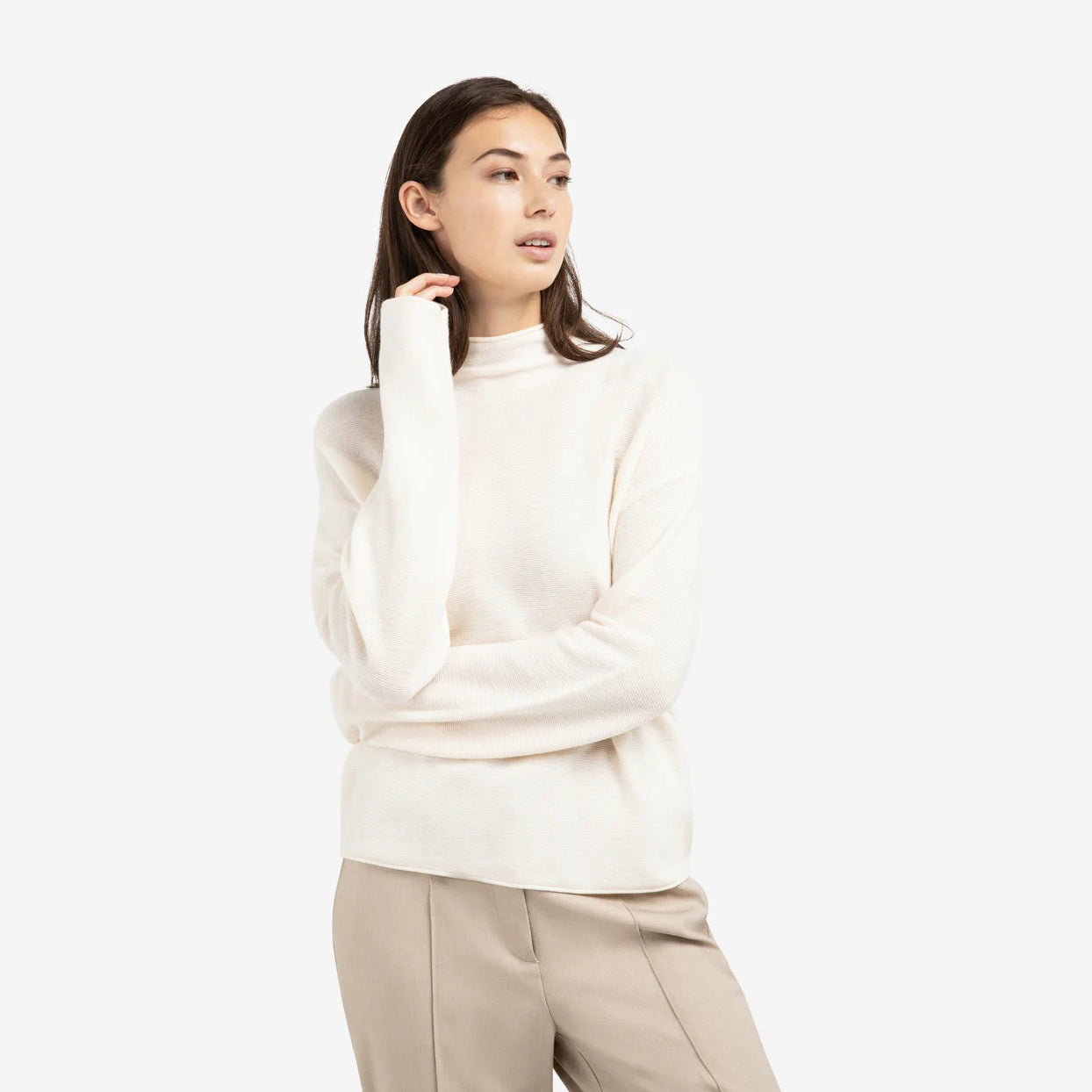 Textured High Neck Sweater With Buttons - Snowfall White