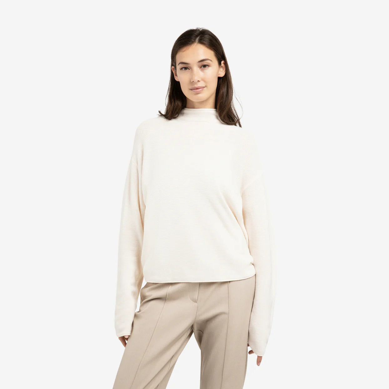 Textured High Neck Sweater With Buttons - Snowfall White
