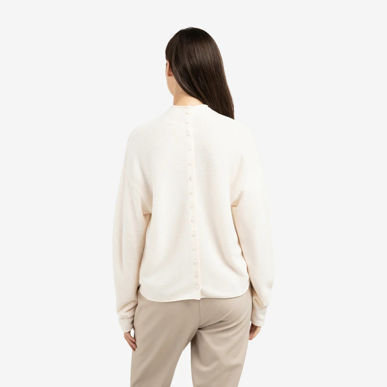 Textured High Neck Sweater With Buttons - Snowfall White