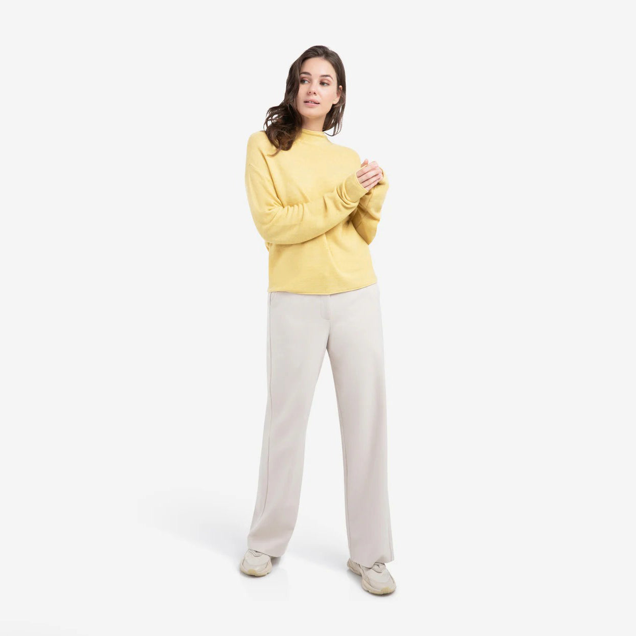 Textured High Neck Sweater With Buttons - Dried Moss Green Melange