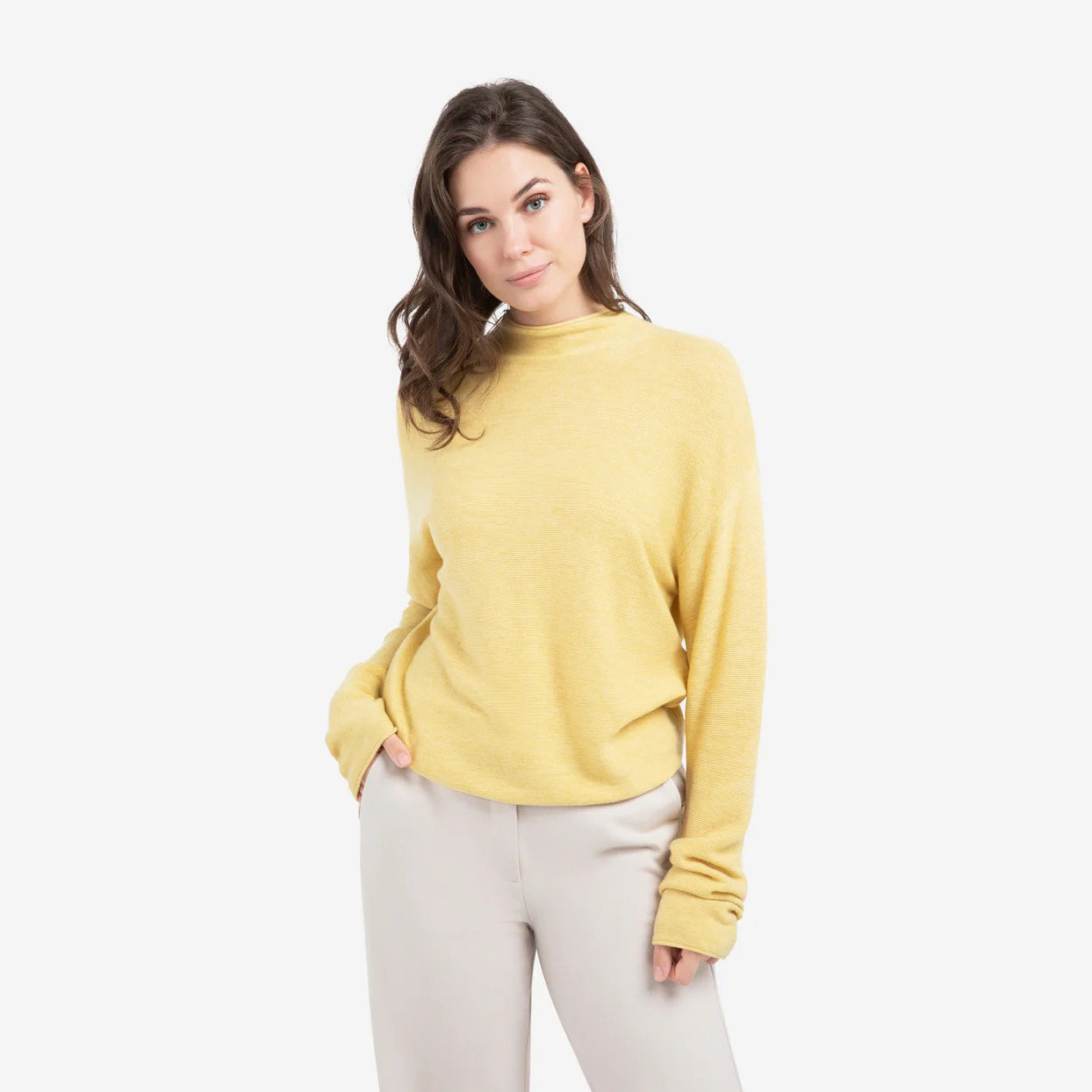 Textured High Neck Sweater With Buttons - Dried Moss Green Melange