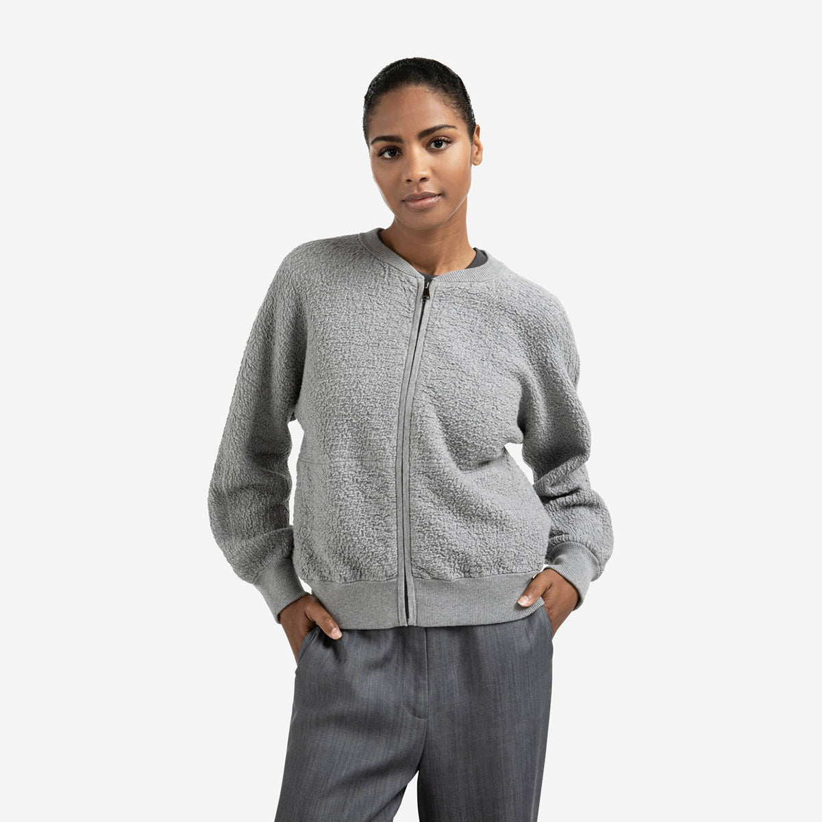 Textured Knitted Bomber with Long Sleeves
