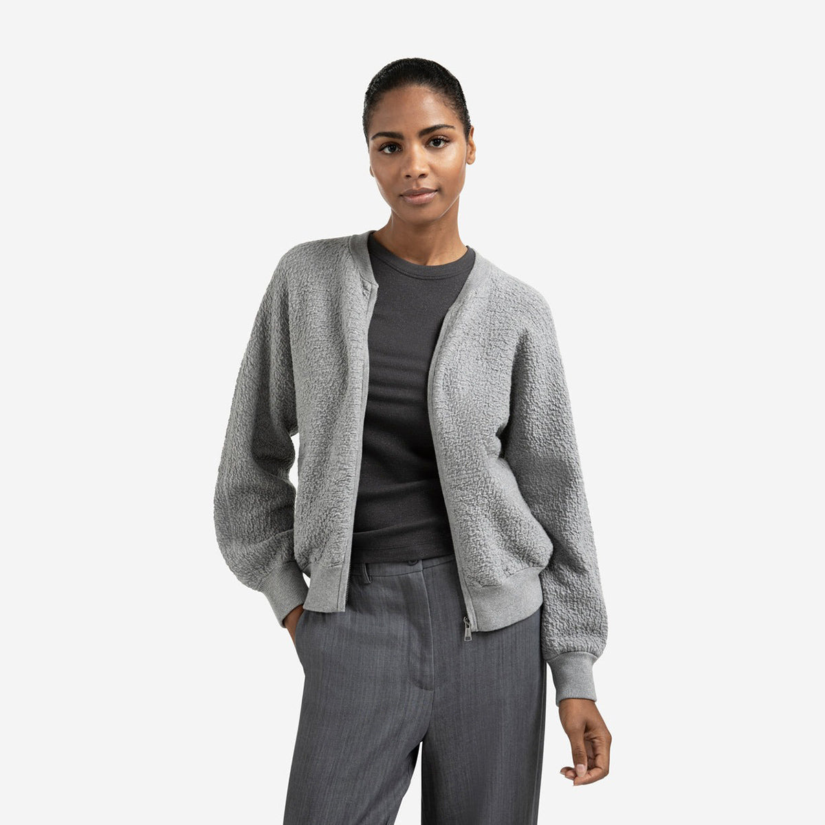 Textured Knitted Bomber with Long Sleeves