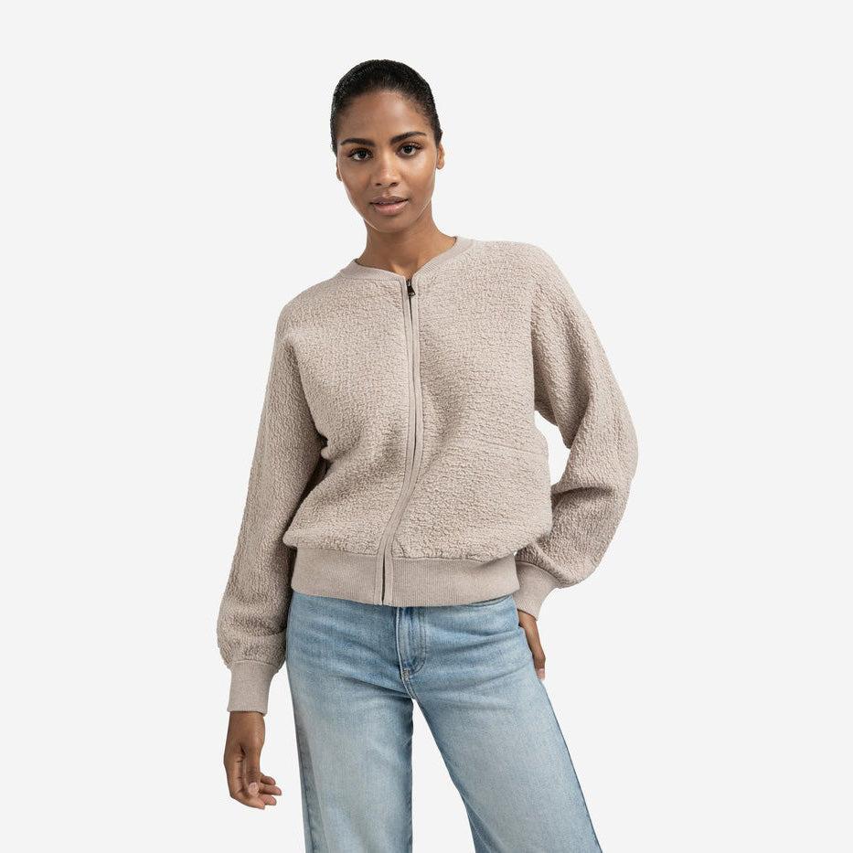 Textured Knitted Bomber with Long Sleeves - Sand Melange