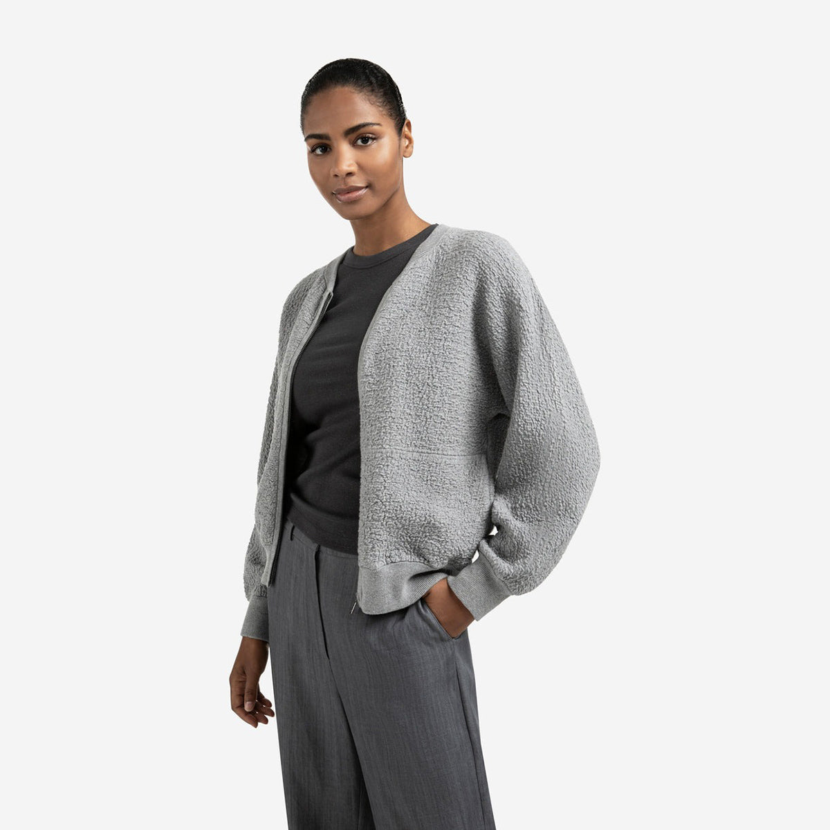 Textured Knitted Bomber with Long Sleeves