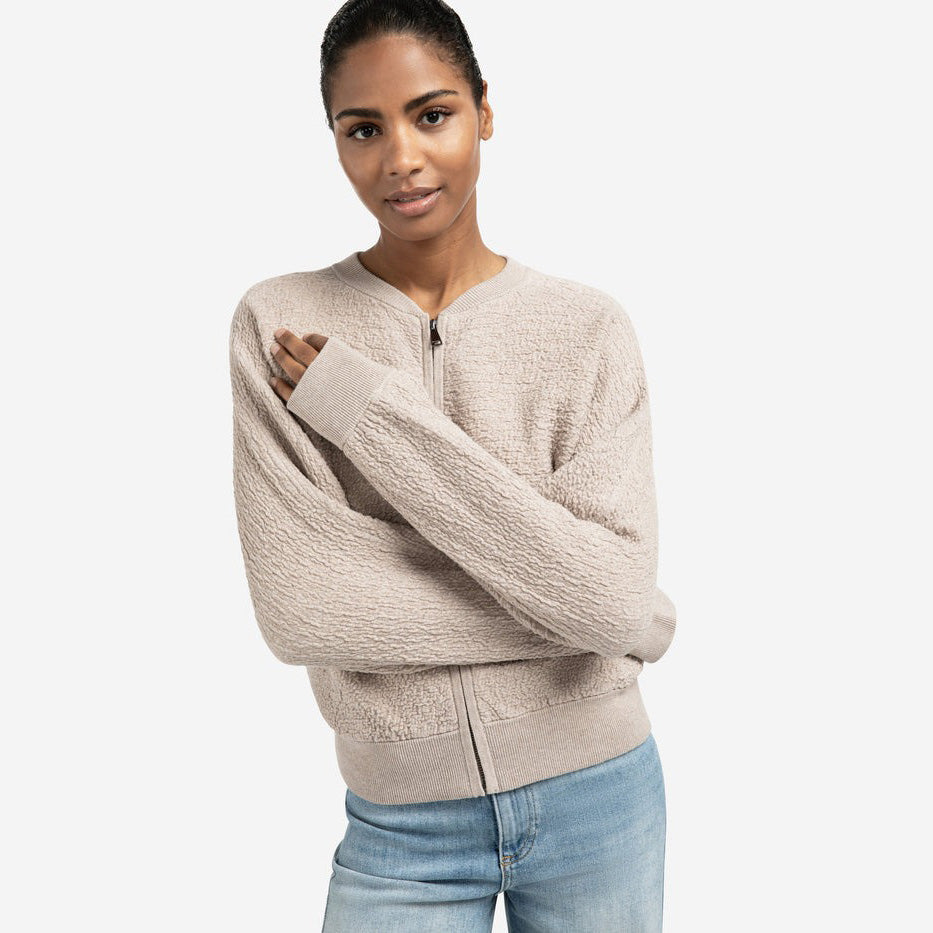 Textured Knitted Bomber with Long Sleeves - Sand Melange