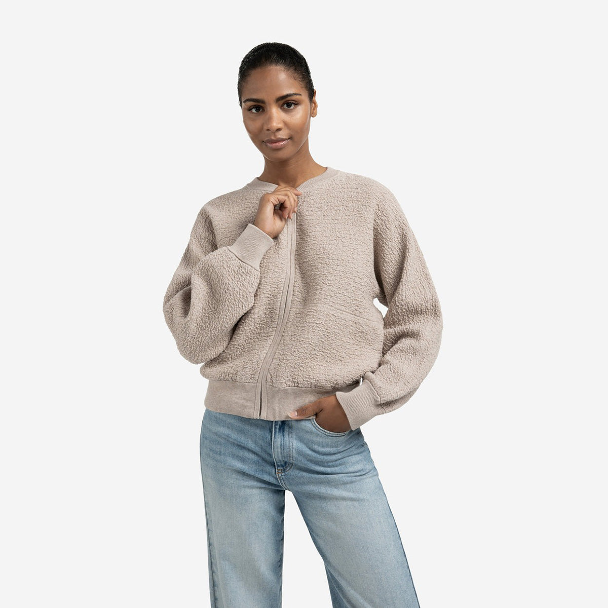 Textured Knitted Bomber with Long Sleeves - Sand Melange