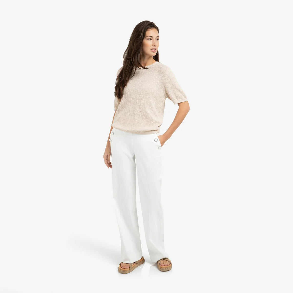 Textured Short Sleeve Knitted Sweater - Desert Beige