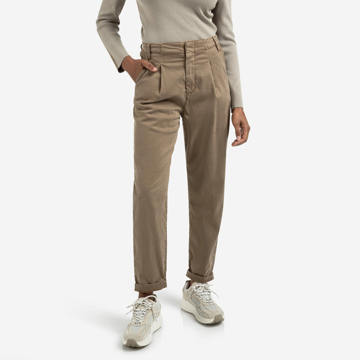 Trousers with Pleats and Chino Pockets - Capers Brownish Green