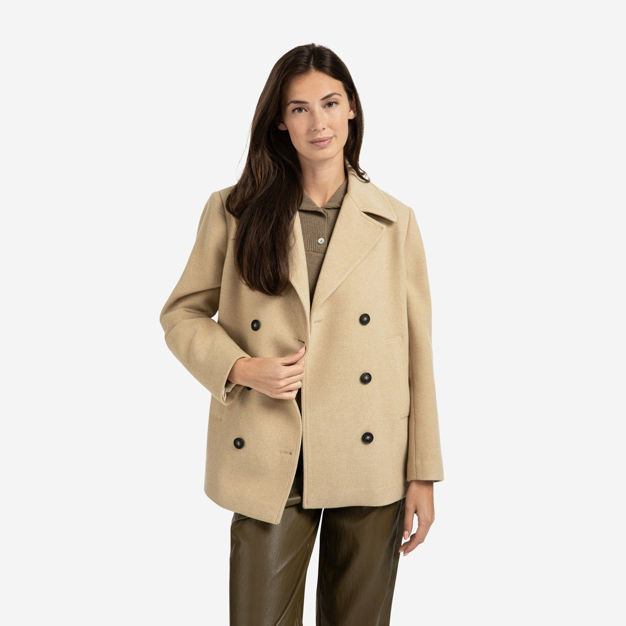 Woven Short Coat with Double-Breasted Closure