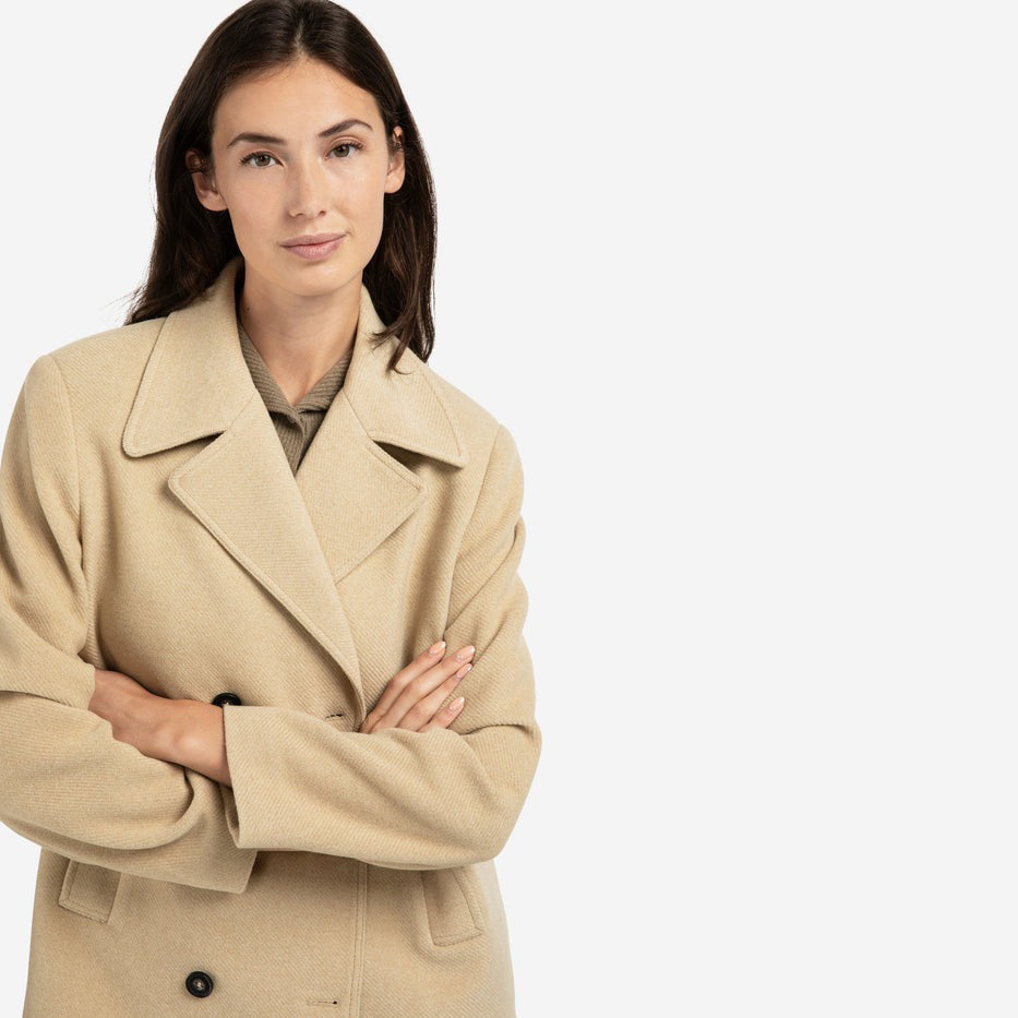 Woven Short Coat with Double-Breasted Closure
