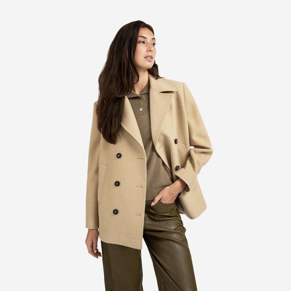 Woven Short Coat with Double-Breasted Closure