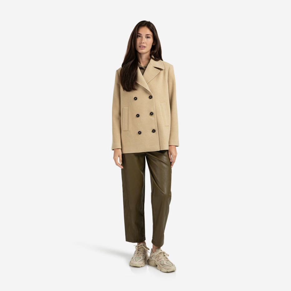Woven Short Coat with Double-Breasted Closure