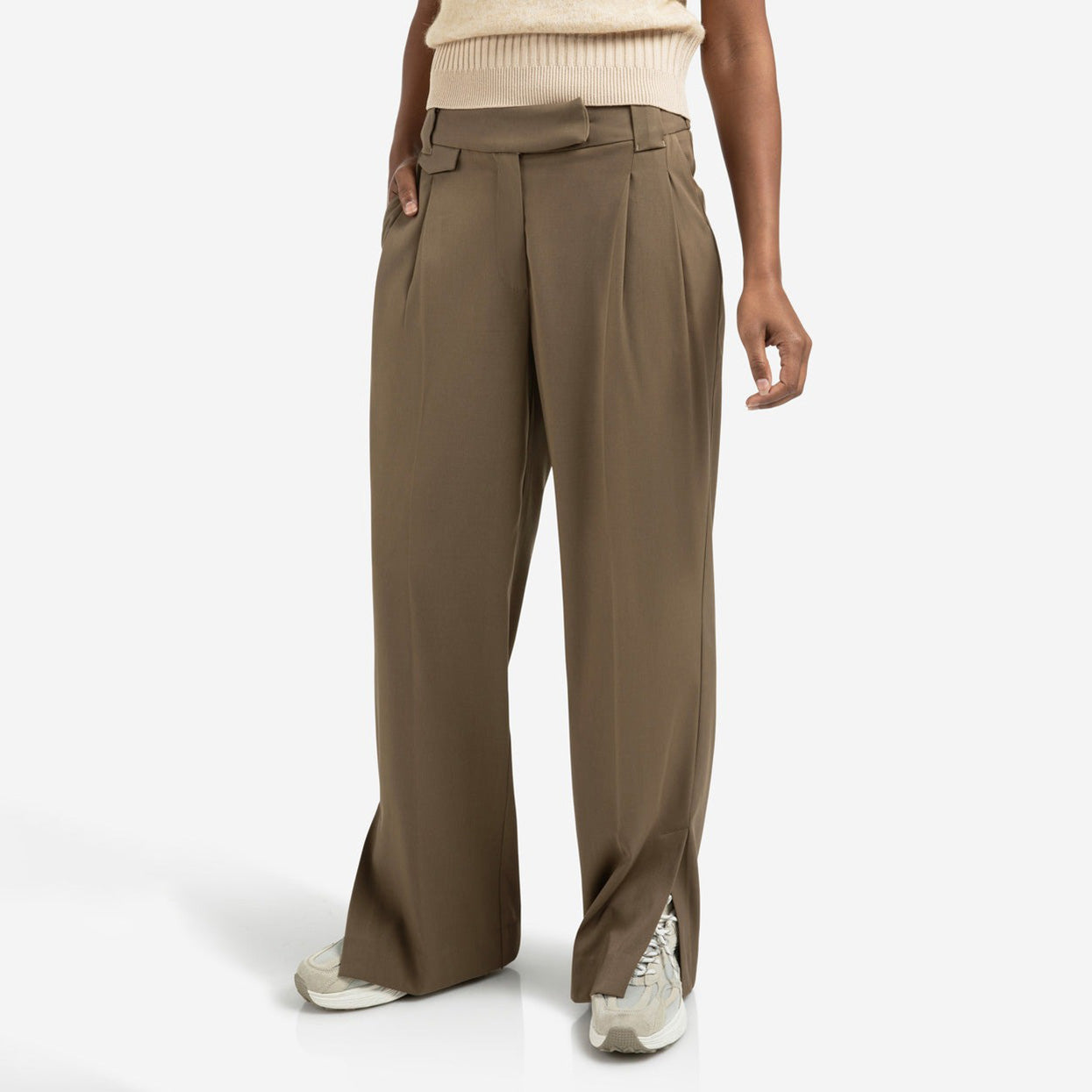 Woven Trousers with Wide Leg and Slit - Capers Brownish Green