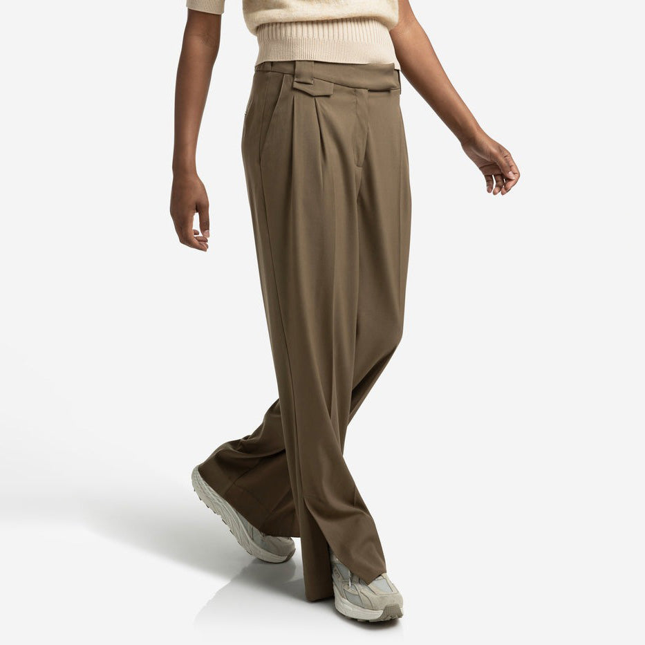 Woven Trousers with Wide Leg and Slit - Capers Brownish Green