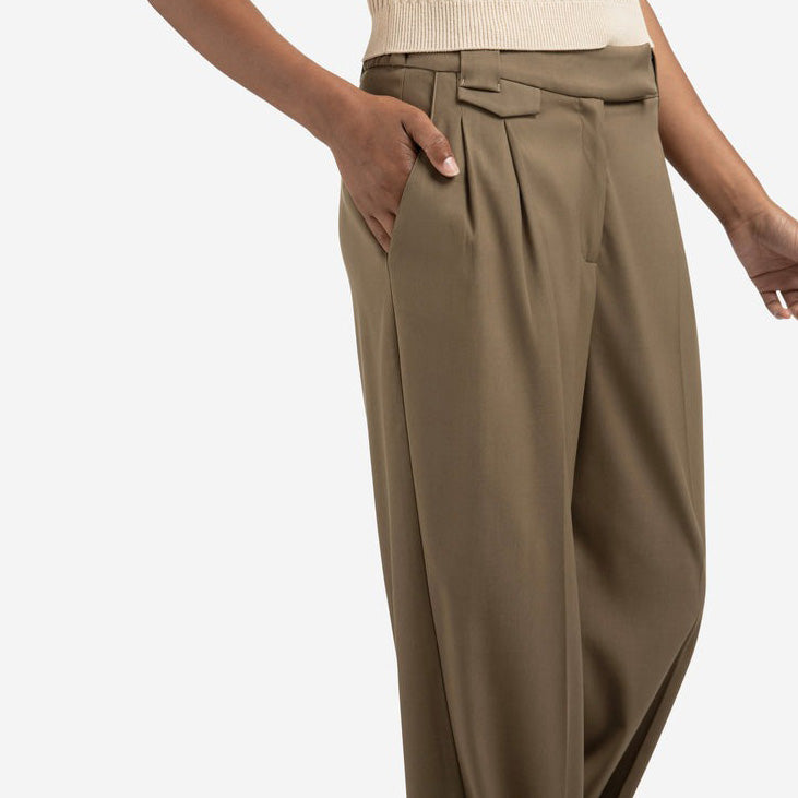 Woven Trousers with Wide Leg and Slit - Capers Brownish Green