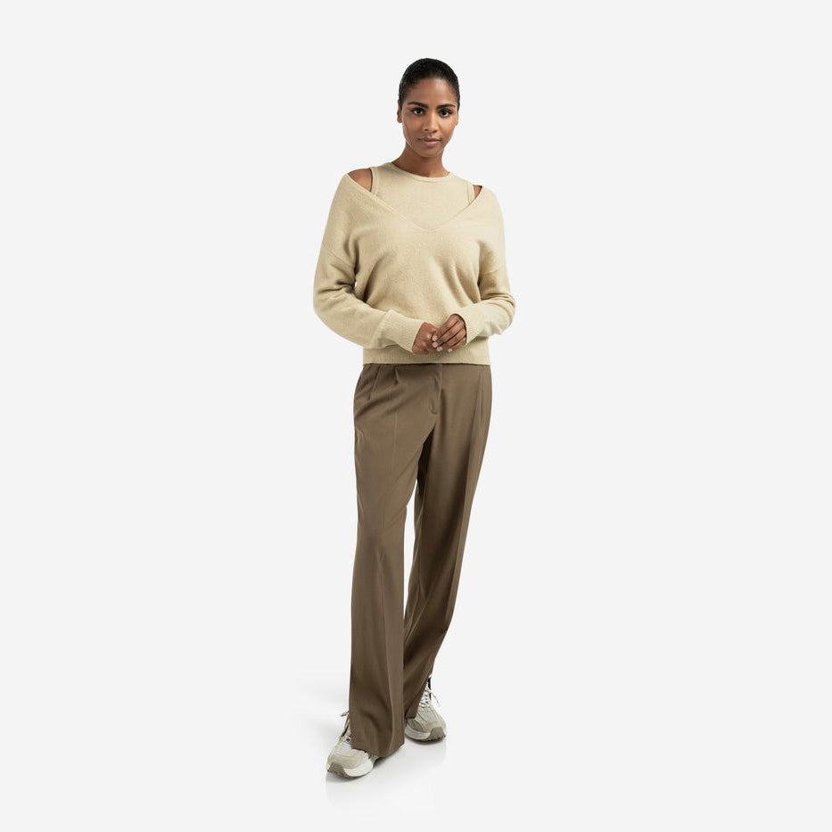 Woven Trousers with Wide Leg and Slit - Capers Brownish Green