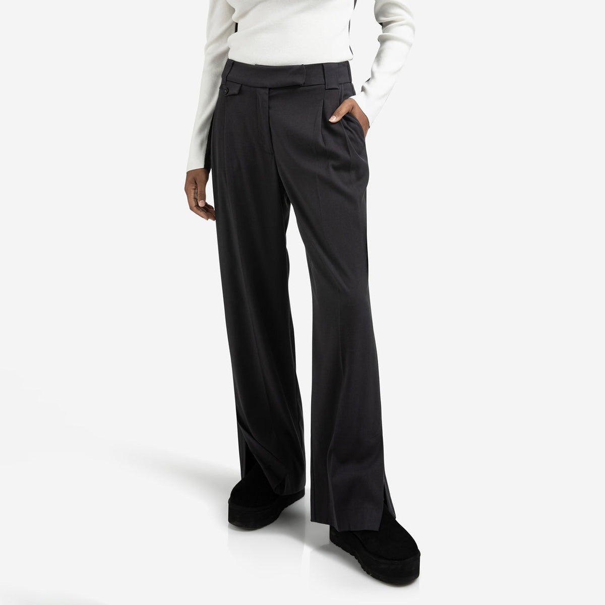 Woven Trousers with Wide Leg and Slit - Oyster Black