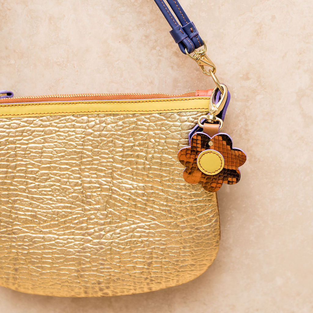 Cha Ching - Embossed Gold & Tan Snake with Blue Strap