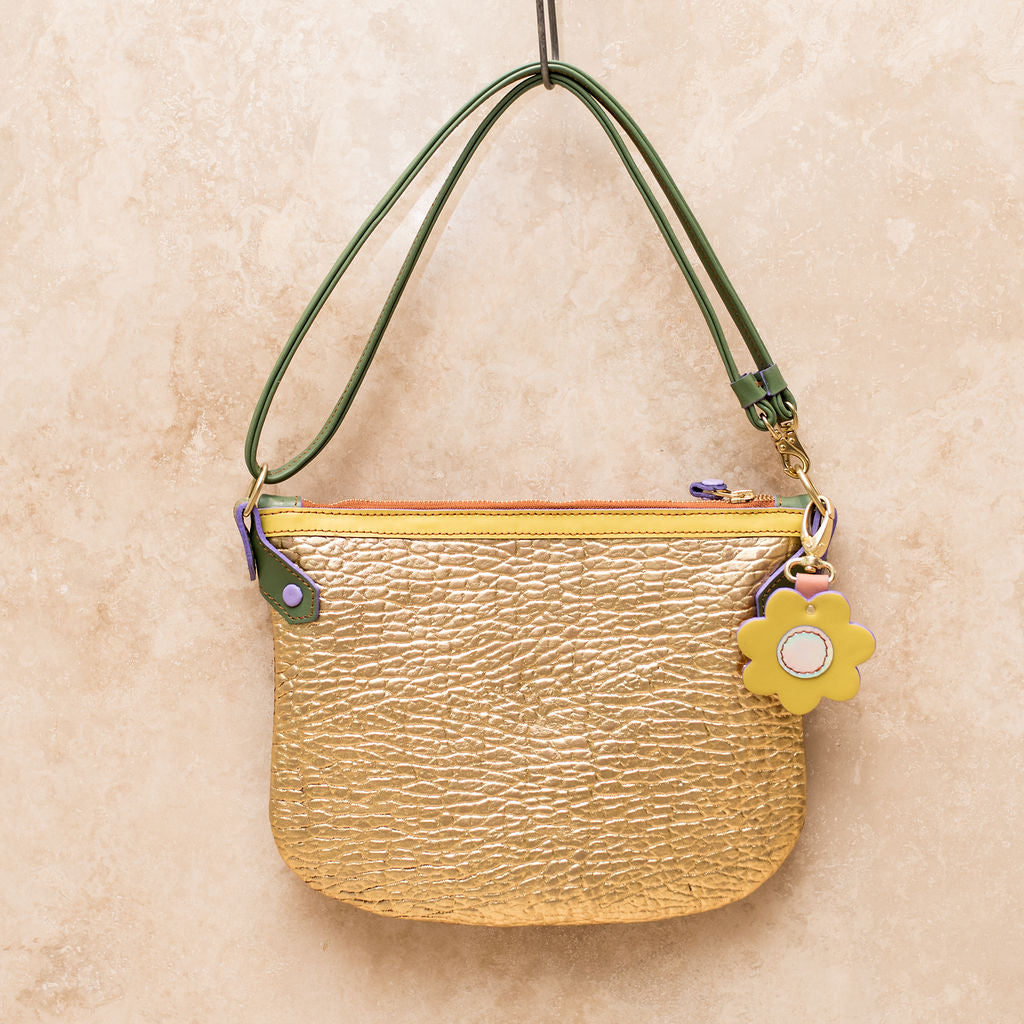 Cha Ching Bag - Gold & Tan Snake with Green Strap
