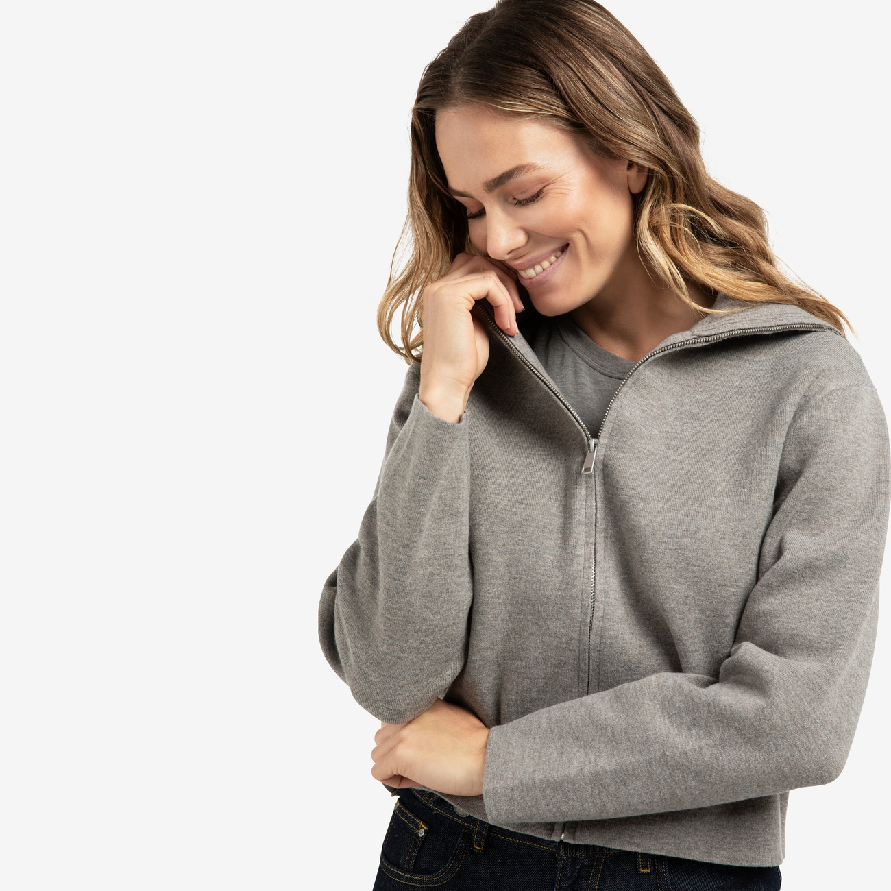 Zip-Up Cardigan with High Neckline