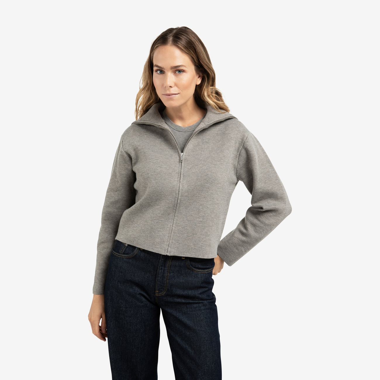 Zip-Up Cardigan with High Neckline